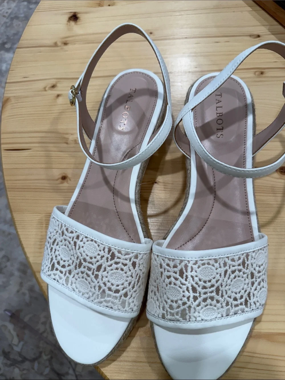 Talbots Women’s Cream Pamela Crochet Wedge Sandals with Ankle Strap